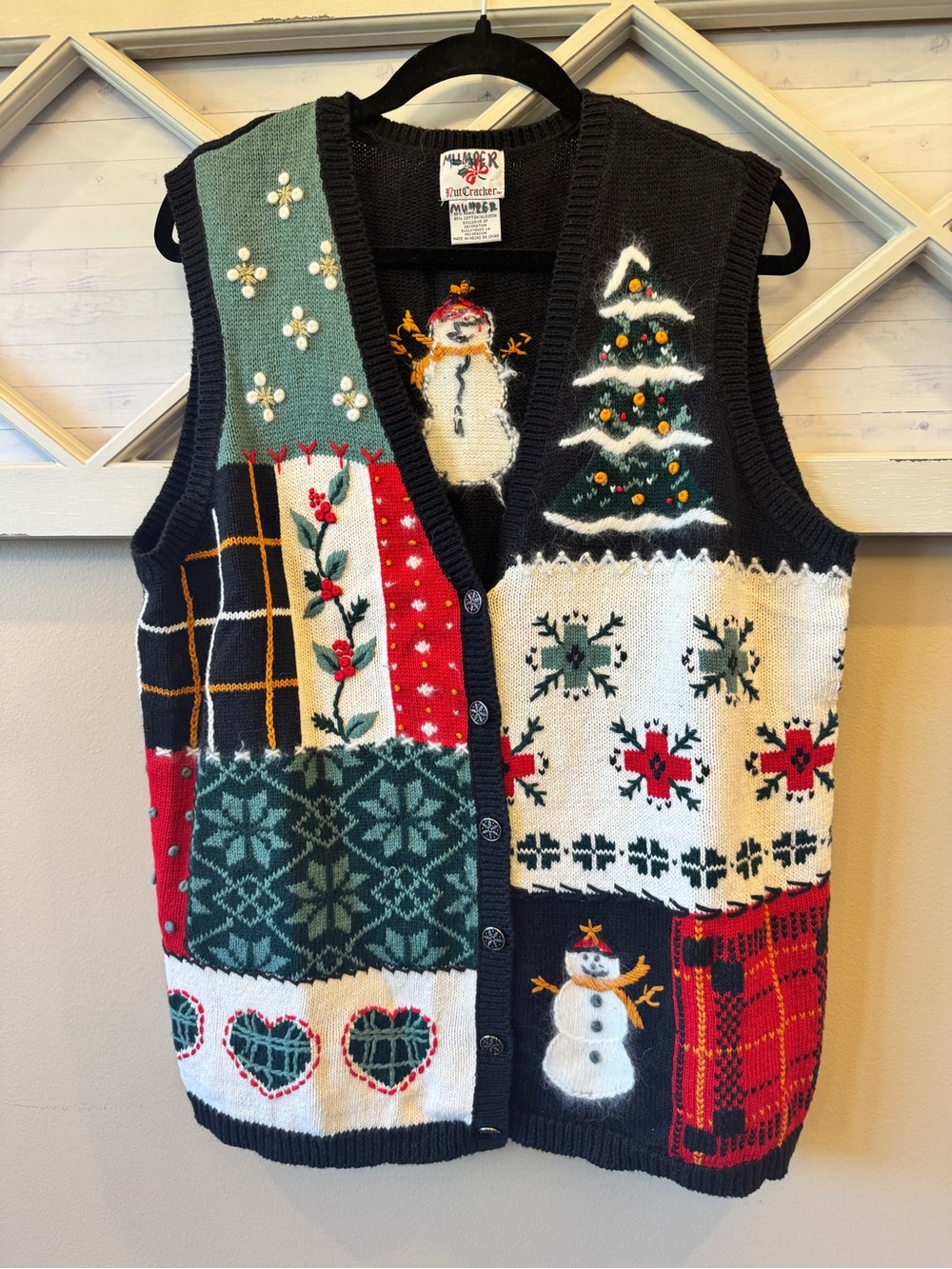 Nutcracker Christmas Sweater Vest Womens XL Holiday Button Rabbit Hair Snowman